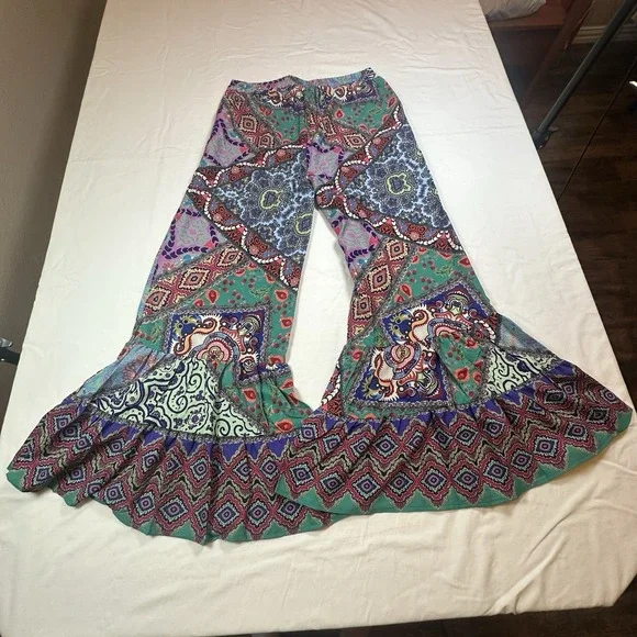 Umgee Patchwork Wide Legs Ruffle Hem Boho Festival Hippie Women's Pants Size M - Picture 5 of 12